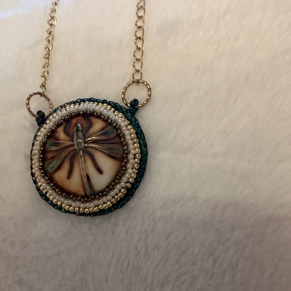 Bead embroidered dragonfly pendant